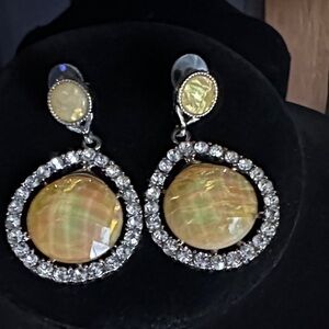 Opalesque Yellow Gemstone Earrings with rhinestones. Silvertone hardware.